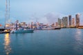 City of Miami Florida, sunset panorama with business and residential buildings and bridge on Biscayne Bay. Skyline night