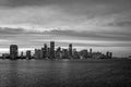 City of Miami Florida, sunset panorama with business and residential buildings and bridge on Biscayne Bay. Skyline night