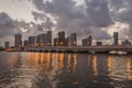 City of Miami Florida, sunset panorama with business and residential buildings and bridge on Biscayne Bay. Skyline night Royalty Free Stock Photo