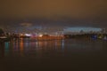 City of Miami Florida, sunset panorama with business and residential buildings and bridge on Biscayne Bay. Skyline night