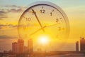 City morning new day business working time work concept. Metro sky view sun rise overlay with hours clock Royalty Free Stock Photo