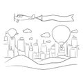 City and mountain with airplane and blank sign in the sky vector illustration sketch doodle hand drawn with black lines isolated