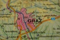 The city name GRAZ, Austria, on the map