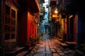 City narrow alley night. Generate Ai Royalty Free Stock Photo