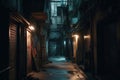 City narrow alley night light. Generate Ai Royalty Free Stock Photo