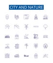 City and nature line icons signs set. Design collection of urban, rural, landscape, backdrop, locale, skyline