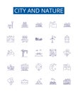 City and nature line icons signs set. Design collection of urban, rural, landscape, backdrop, locale, skyline