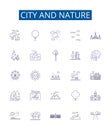 City and nature line icons signs set. Design collection of urban, rural, landscape, backdrop, locale, skyline