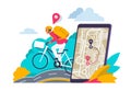 City navigation concept. Cartoon travelers looking for route in city map on smartphone or laptop. Vector GPS navigation Royalty Free Stock Photo
