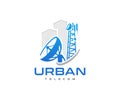 City network technology, wireless internet logo design. Telecommunication transmitter tower, satellite antenna vector design