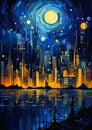 City Night Boat Deep Winner Moon Stars Silhouette Abstract Desig