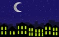 City at night. Bright moon and stars in the sky. Illustration. Royalty Free Stock Photo