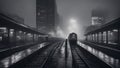 city at night A busy train station that is packed with passengers and locomotives in a wet night. black and white