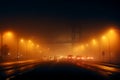 City night emerges in the mist lights, road, bridge, moving car Royalty Free Stock Photo