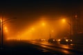 City night emerges in the mist lights, road, bridge, moving car Royalty Free Stock Photo