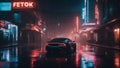 city at night A futuristic city with neon signs and holograms. The city is dark and rainy, and the wet asphalt