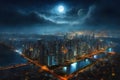 City night moon lights rain gleaming digital painting highly detailed