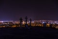 City night in Nitra from the view point on top of Hill mountain Slovak city Nitra with purple night sky and crosses.  City cente