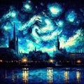 City at night. River, buildings, starry sky. Post-impressionism style picture. Generative AI Royalty Free Stock Photo