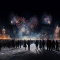 City night scene fireworks crowds celebrating Royalty Free Stock Photo