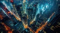 City at night from the top with steet lights and big buildings