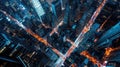 City at night from the top with steet lights and big buildings