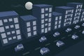 city moonlight night traffic street 3d perspective aerial view