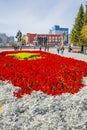 Lenin square with a blossoming flowerbed. Novosibirsk, Russia