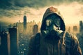 City after nuclear war. Survivor in a gas mask in a post-apocalyptic landscape. Created with Generative AI technology Royalty Free Stock Photo