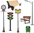 City objects: dustbin, lamppost,street hours, traffic light, bench