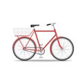 City old bike with a basket on the trunk isolated on white background, red bicycle realistic 3d model vector illustration,