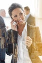 City overlay, call and business woman thinking of communication, happy networking and news. Ideas, feedback and Royalty Free Stock Photo