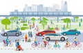 City overview with cyclists and traffic illustration Royalty Free Stock Photo