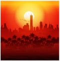 City and palm trees at sunset retro poster Royalty Free Stock Photo