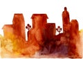 City panorama background. Watercolor wash. Warm colors