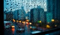 City panorama in blur though the wet window. Rainy weather in the evening. Blurred city lights at backdrop. Generative AI Royalty Free Stock Photo