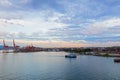 A view on Vancouver port at sunset, British Columbia, Canada. Royalty Free Stock Photo