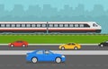 City panorama with highway road and railway. Modern bullet train and sedan cars. Flat vector illustration. Royalty Free Stock Photo