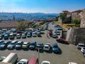 City panorama with parking for cars near Ankara Castle. Many modern transport on the background