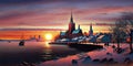 medieval city panorama at winter at pink orange evening sunset at sea big fool moon,