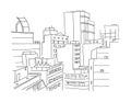 City panorama sketch. Building architecture landscape. View from window. Ordinary city. Hand drawn black line.