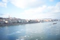 City panorama from the Szechenyi chain bridge in Budapest