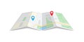 City Paper Map with pin. Red and blue direction pointer on folded city map, gps navigation and travel brochure. Vector