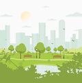 City park against high-rise buildings. Landscape with trees, bushes, lake, birds, lanterns and benches. Colorful vector