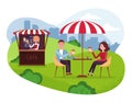 City Park cafe with umbrella. Couple on weekend date. People Drink Coffe with cakes in Outdoor Street Cafe.Park with outside