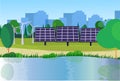 City park clean energy wind turbines solar energy panels river green lawn trees on city buildings template background Royalty Free Stock Photo