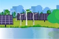 City park clean energy wind turbines solar energy panels river green lawn trees on city buildings template background Royalty Free Stock Photo