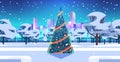 city park with decorated christmas tree and snowflakes in night sky happy new year winter holidays celebration concept Royalty Free Stock Photo