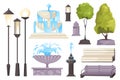 City park elements set graphic elements in flat design. Bundle of different types of street lamp and lanterns, fountains with