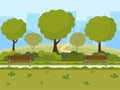 City park flat vector illustration. Outdoor leisure on nature public place, green trees, wooden benches and modern